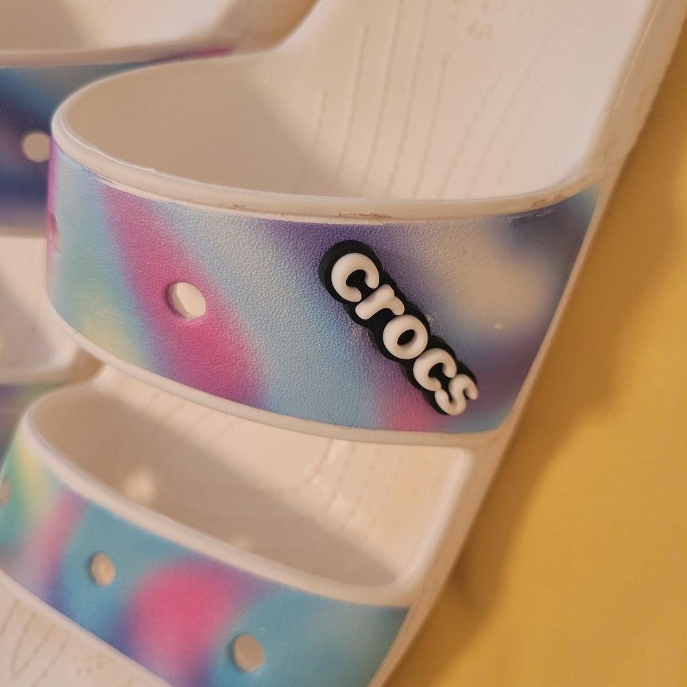 CROCS Women's Tie-Dye Pastel Slide Sandals - White Base with Pink, Blue & Purple